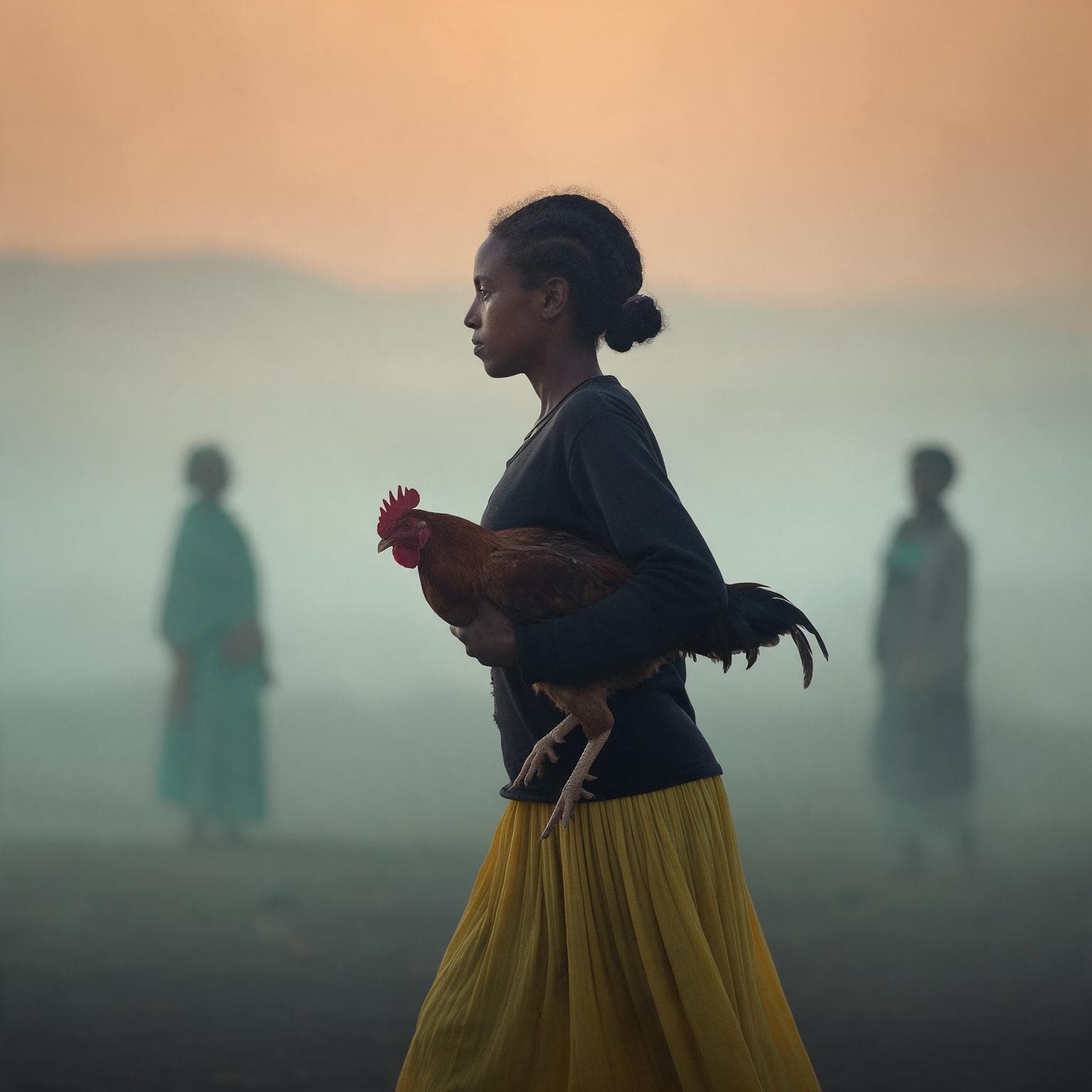 a side profile of Ethiopian woman walking leftward in a hazy, minimalist landscape. she is carrying a reddish brown rooster. the woman wears a dark lo