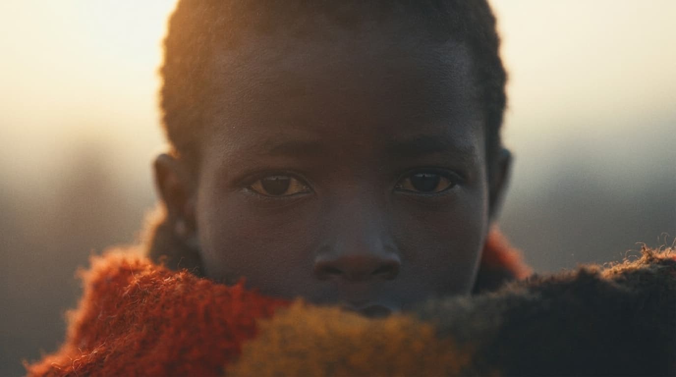 cinematic close-up portrait of a young African child, eyes in sharp focus, wrapped in a thick wool scarf/blanket with red and ochre tones covering the